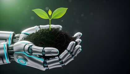 Futuristic robotic hands holding soil with a green sprout on dark background representing technology sustainability and innovation in environmental conservation