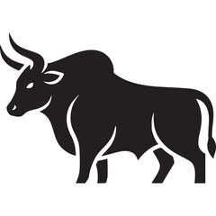 Black bull silhouette isolated on white background, a symbol of strength, power, and financial success in business and investment markets