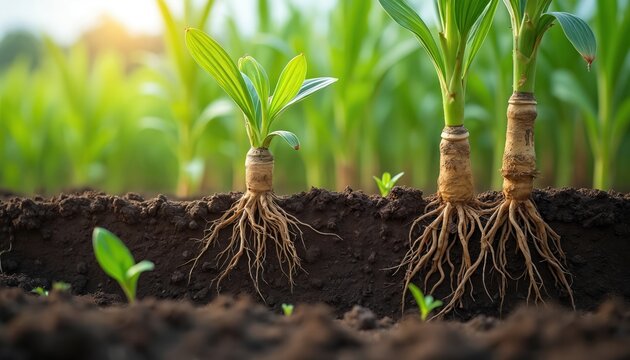 Close-up of healthy sugarcane plant roots thriving in nutrient-rich soil. Detailed view of vibrant green growth, root system in agriculture, farming cultivation. Organic, sustainability, farm