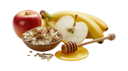 Granola ingredients in diagram form with honey, banana, and apple on a white background. Healthy breakfast concept isolated on a white background