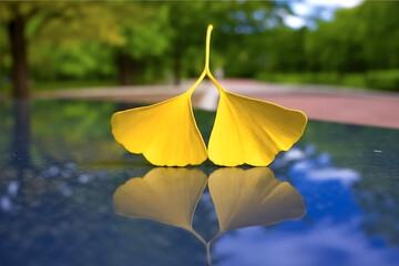 A yellow ginkgo leaf with reflection on a dark surface in a blurred outdoor setting in soft lighting