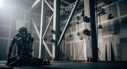 VR motioncapture volume space under construction showcasing large structural supports and numerous cameras installed for 3D motion tracking.