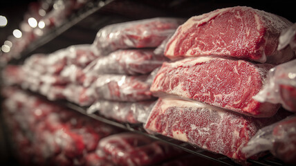 Frost kissed beef packages stacked on racks in a cold room, surfaces sparkling with preservation crystals. The composition signifies cold chain integrity, inventory readiness