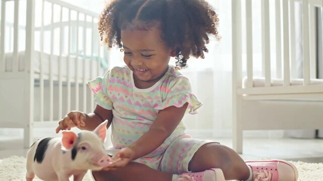 positive cheerful little girl with pet mini pig in room
