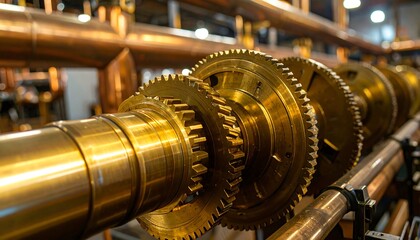 Close-up view of intricate brass gears and shafts, showcasing a detailed mechanical system.