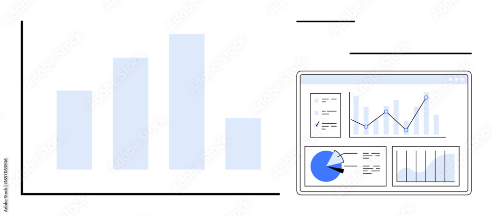 Poster bar chart data alongside a dashboard featuring graphs, pie charts, and analytical metrics. ideal for