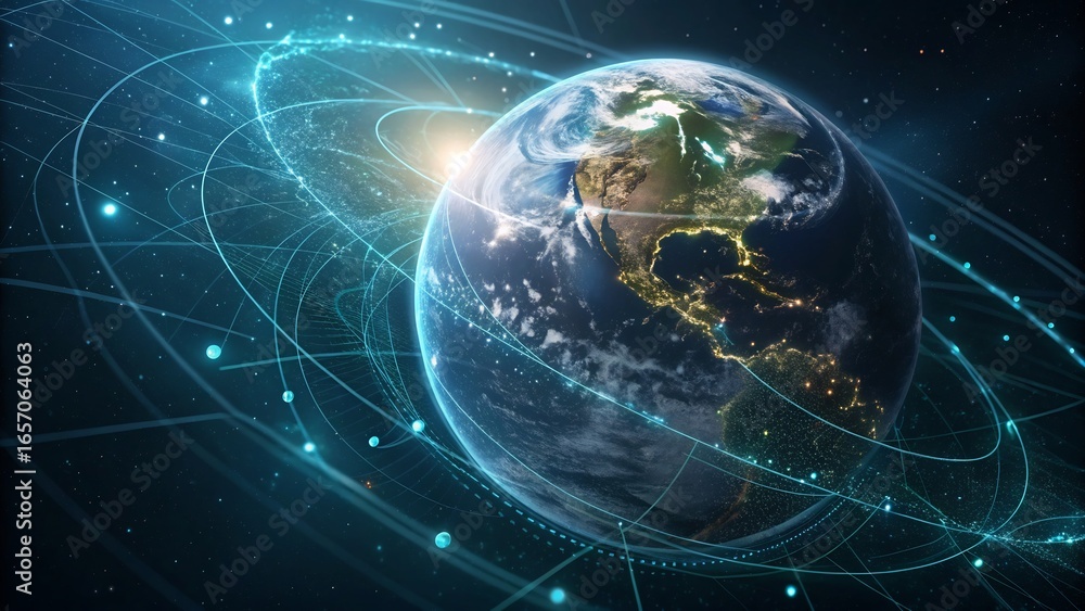 Poster digital connections and data streams encircling the glowing earth in a futuristic network of light a
