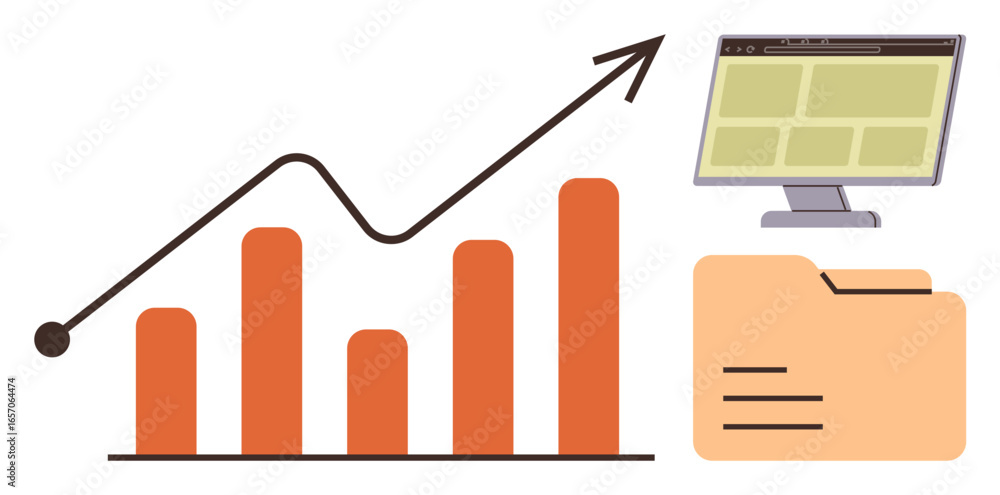 Poster graph bars with upward arrow denoting growth, accompanied by a computer monitor and document folder.