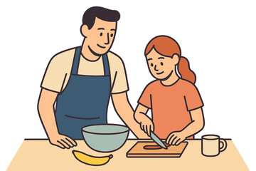 Dynamic one line draw graphic design vector illustration of happy family in kitchen with father teaching his little daughter to cut vegetables and fruit at home for healthy food in a single