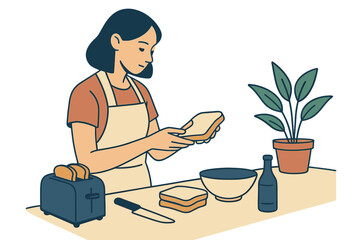 Minimalist illustration of a woman preparing breakfast at her home
