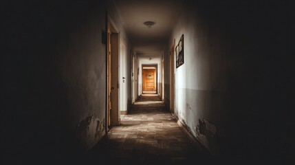 Dark Narrow Hallway with Wooden Doors and Dim Lighting in Old Building