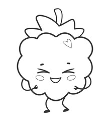 Vector illustration of a cute berry fruit character in black and white line art with smiling face and heart detail.