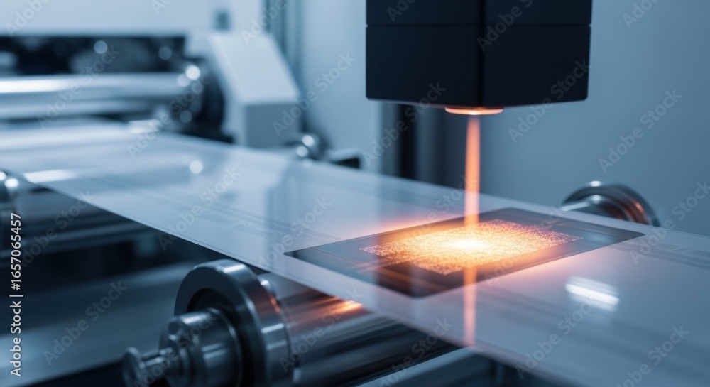Poster highresolution shot of photoresist layer curing on flexible circuit substrate during rolltoroll phot