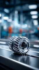 Fototapeta premium Two polished steel gears rest on a production table within a precision workshop, their teeth perfectly aligned. The image symbolizes mechanical power transmission, reliability 