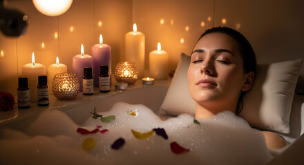 Woman relaxing in a bubble bath with candles and essential oils for a spa like experience at home