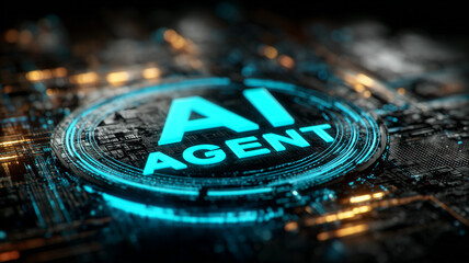  Futuristic AI Agent emblem glowing above a circuit board surface, conveying autonomous decision systems, workflow orchestration