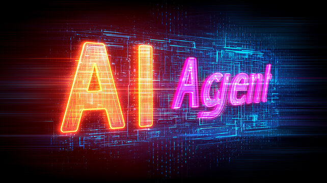 Vibrant AI Agent neon typography with cinematic glow and motion lines on a dark background, designed to communicate launch announcements, creative branding