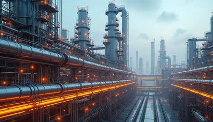 Modern petrochemical plant advanced automation, processing infrastructure. Extensive pipelines, towering distillation columns highlight industrial manufacturing, energy distribution systems. Heavy