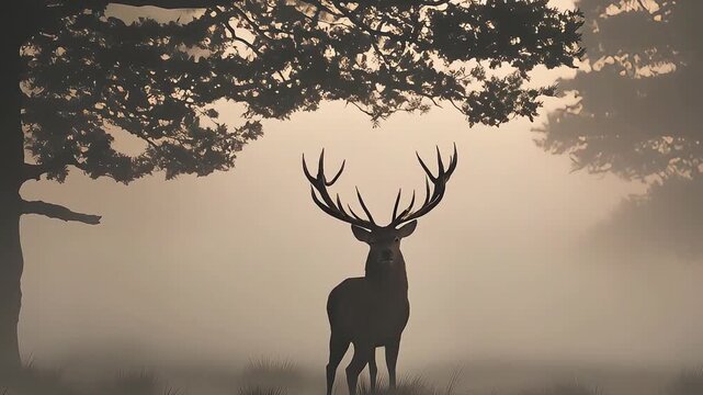 Majestic stag with large antlers emerging through morning mist under a dramatic silhouette of ancient trees in a foggy woodland