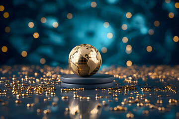 Decorative golden globe on display with sparkling background during an elegant event