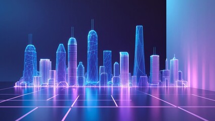 Neon Cityscape Wireframe Metropolis at Night Abstract Background
