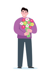 A man with a bouquet in his hands. The delivery man brought flowers. Vector graphics.