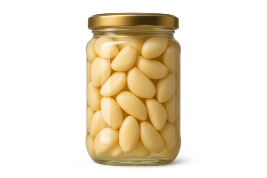 Preserved garlic cloves filling a glass jar with gold lid on transparent background