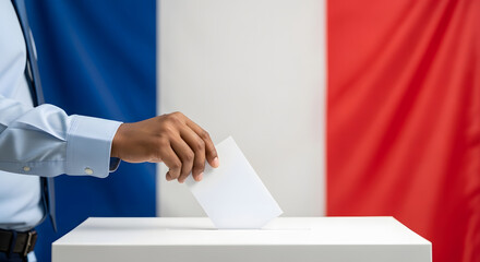 A person casts a ballot into a voting box during an election in France, with the national flag behind.