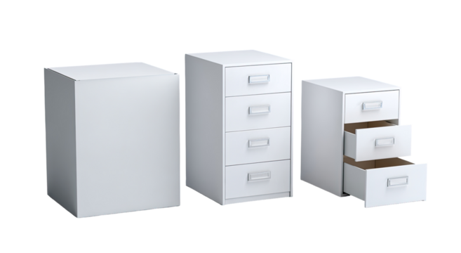 Three white storage units.  Small, medium, and large cubicles with drawers.  Simple, modern design