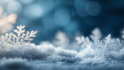 Detailed snowflakes resting on sparkling powder snow with cool blue bokeh, representing uniqueness serenity and the delicate poetry of winter.
