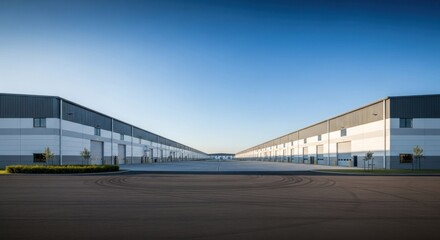Symmetrical Modern Warehouse Facility with Clear Blue Sky and Spacious Forecourt