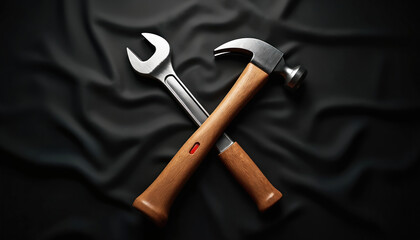 Crossed wrench, hammer on black background, strength, functionality, craftsmanship. Composition features metallic tools with wooden handles against dark, textured fabric, creating contrast, focus on