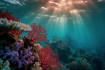 Underwater scene featuring vibrant coral reefs illuminated by sun rays filtering through the ocean surface