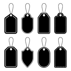 Eight Black Price Tags/Labels with Variations in Shape and Style