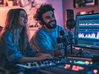 Two young individuals are collaborating on music production at a computer, surrounded by audio equipment and vibrant lighting, creating an inspiring and energetic environment