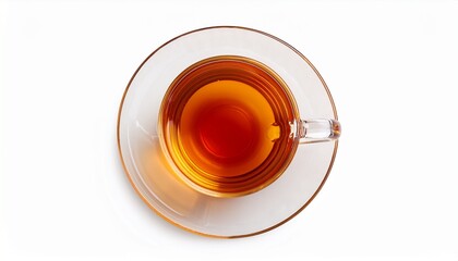 top view of a cup of amber tea on a saucer isolated on white background