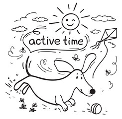 doodle illustration of a playful dachshund running outdoors with the text 