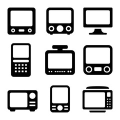Nine Retro Electronics Icons:  Solid Black Vector Illustrations of Vintage and Modern Devices