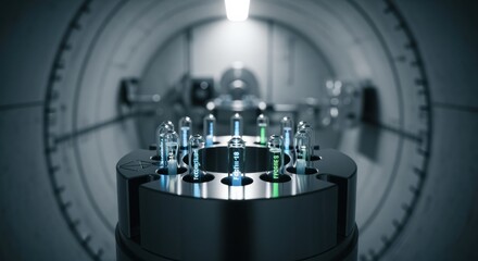 Highresolution macro shot of a cyclotron target holder with isotope samples inside a nuclear medicine vault illustrating advanced manufacturing.