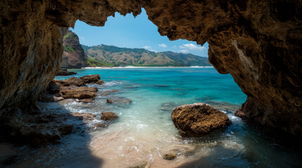 Fototapeta premium Rocky coast at Tanjung Aan frames a boat through natural stone, turquoise water meets rugged cliffs in wild harmony.