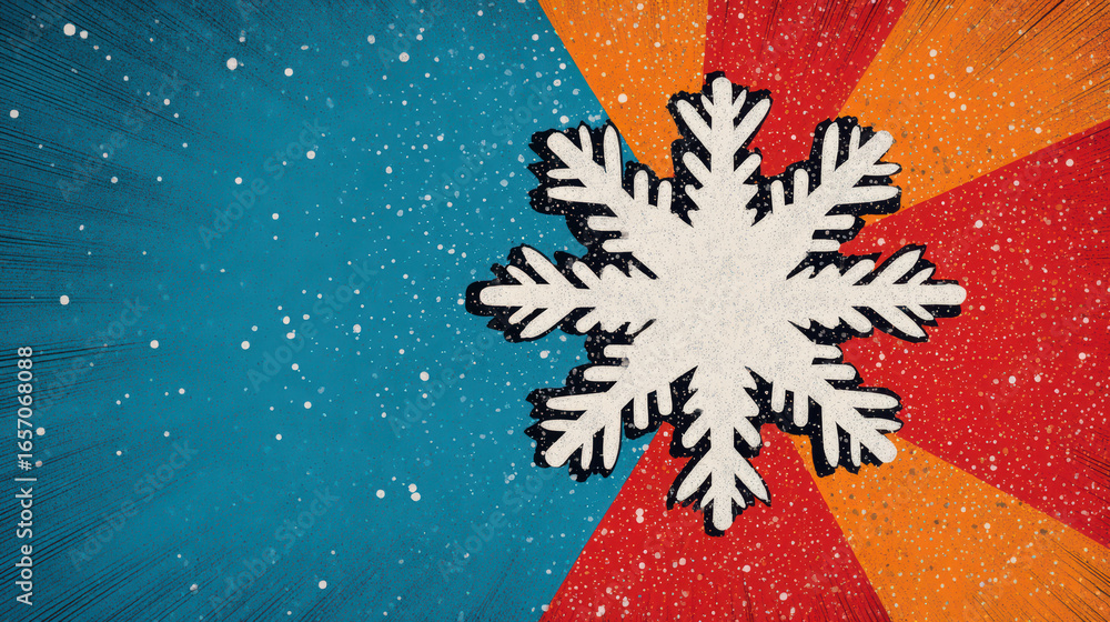 Poster a vibrant illustration featuring a central snowflake against a colorful background with dynamic radi