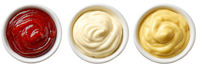 Three small white bowls of condiments