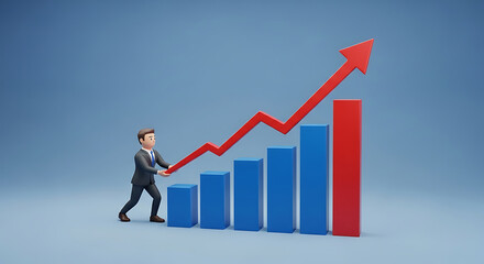 Tiny businessman pulling red arrow upward on blue bar graph showing growth and success