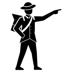 Black silhouette man pointing forward wearing hat and satchel