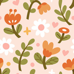 Cute floral vector seamless pattern. Delicate background with hand-drawn flowers and leaves. Colorful botanical illustration with abstract elements.