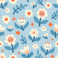 Cute seamless pattern with flowers and abstract botanical elements. Vector hand drawn floral background for textile, fabric, print or wallpaper.