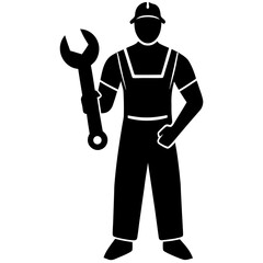 Black silhouette mechanic holding wrench white