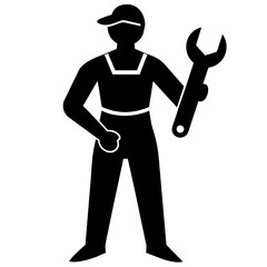 Black silhouette mechanic holding wrench tool