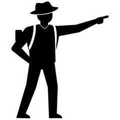 Black silhouette of a person wearing a hat and backpack pointing forward