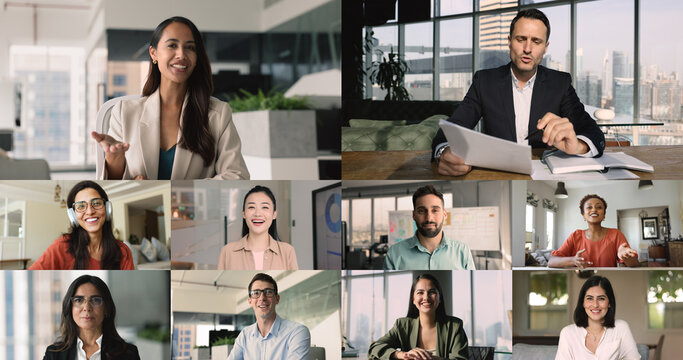 Multiple grids group of multiethnic business people, videoconference participants having discussion using virtual meeting application, speaking, look at camera, solve business-related matters remotely